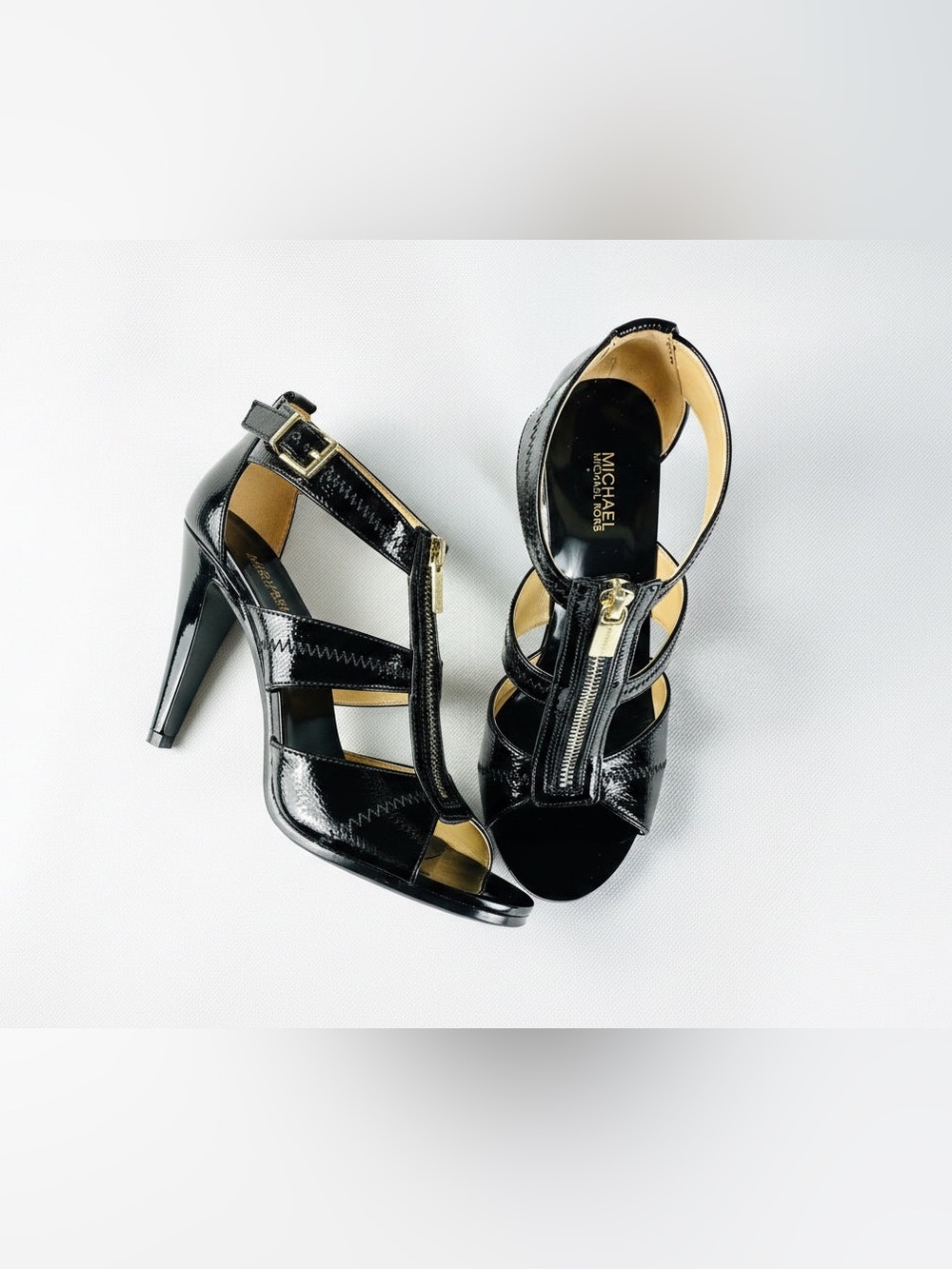 MICHAEL Michael Kors Black Patent Leather T-Strap Zip High Heels